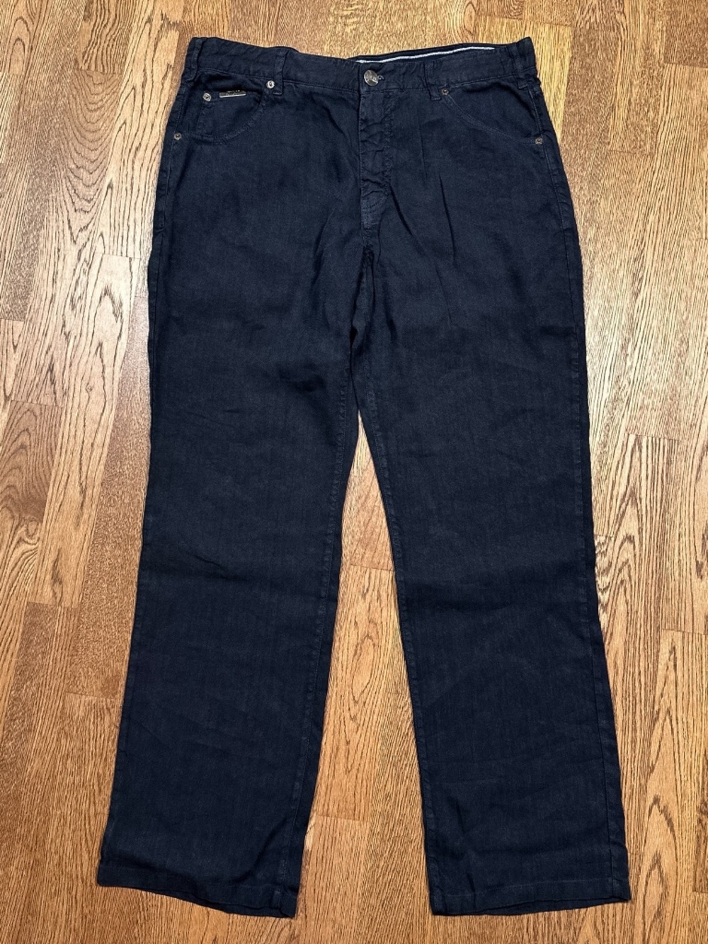 Armani Collezioni Linen Viscose Navy Blue Straight Leg Pants Mens 36